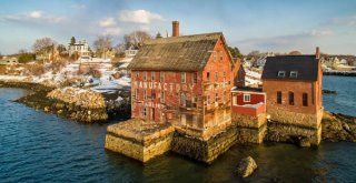 Aerial view of the Tarr and Wonson Paint Manufactory in Gloucester, MA.