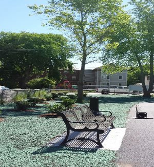 Park bench at Charles Tartaglia Park in Brockton, Mass.