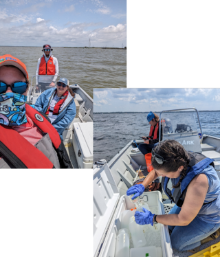 Two photos collaged together with five people total aboard boats taking water samples.