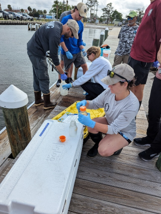 Four researchers on a dock near a water body looking at test tubes.