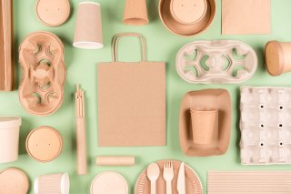 Paper bags, cups, silverware, chopsticks, and carriers