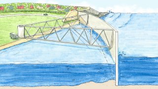 Watercolor illustration of a closed surge barrier that is protecting a coastal place from being flooded.