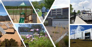 Collage of images showing land uses including solar panels, a playground, wildflowers, bicyclists, commercial buildings, and a boat.