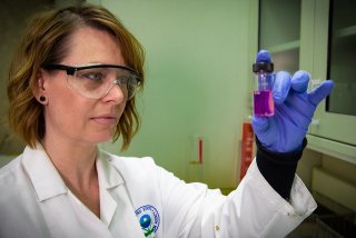 EPA scientist in lab coat inspects a test tube filled with purple liquid.