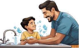 Graphic image of a male adult and a male child washing their hands under an open faucet with sudsy bubbles floating in the air.