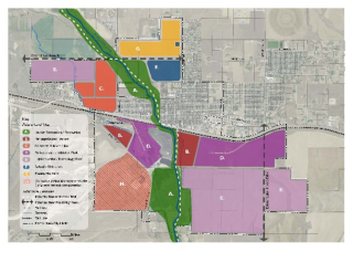 An aerial map with areas shaded in different colors.
