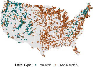 Lakes sampled in the 2007, 2012, and 2017 National Lakes Assessment. Mountain lake (in blue) dots are shown on top of the more abundant non-mountain lakes (in orange).