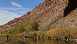 Person fishes in a river near a mountain slope