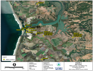 Aerial Map of Vistra Battery Fire with air monitoring locations marked.