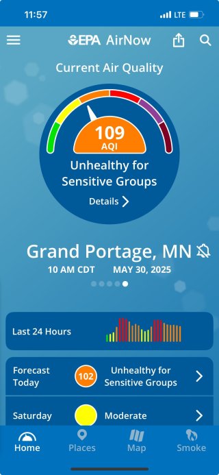 The AirNow mobile app includes both the Fire and Smoke Map and the AirNow interactive map. QR codes are shown next to it to download in Android and IOS