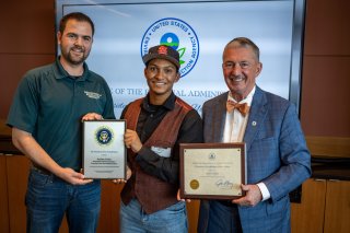 KDWP Fisheries Biologist Zach Ramsay, PEYA award winner Archer Grier, and Region 7 Administrator Jim Macy joined the award presentation on Oct. 16, 2025.