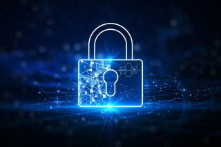 A blue padlock that appears in a digital style