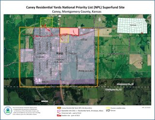 A map show the Caney Kansas Residential yards NPL site boundary.