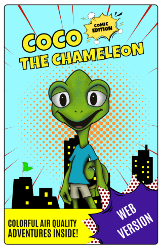 Coco The Chameleon standing in front of a city skyline.