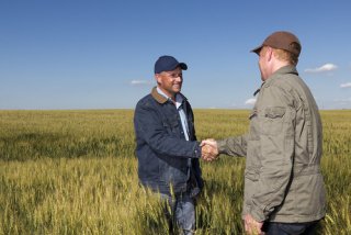 Men shaking hands in field