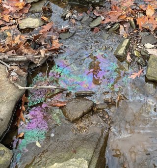 Oily sheen over rocks in a stream.