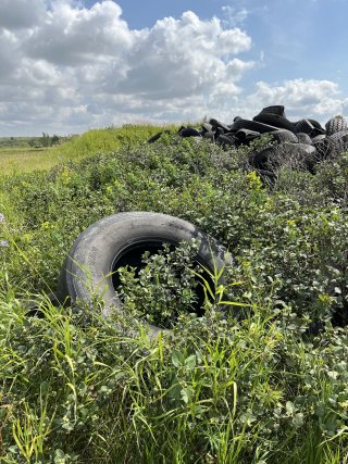 A pile of tires in a grassy field.