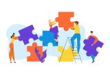 Graphic of people with large puzzle pieces trying to put together a puzzle