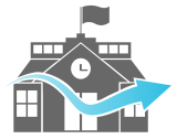 School with a flowing blue arrow overlayed representing ventilation