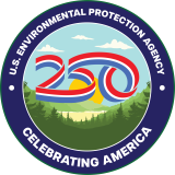 Celebrating America's 250 EPA logo with dark blue outline and white text and a landscape in the center with a red, white and blue ribbon shaped like 250.