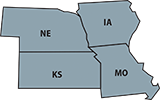 Map of EPA Region 7, which contains Iowa, Missouri, Nebraska, and Kansas.