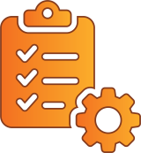 icon of an orange clipboard and a gear